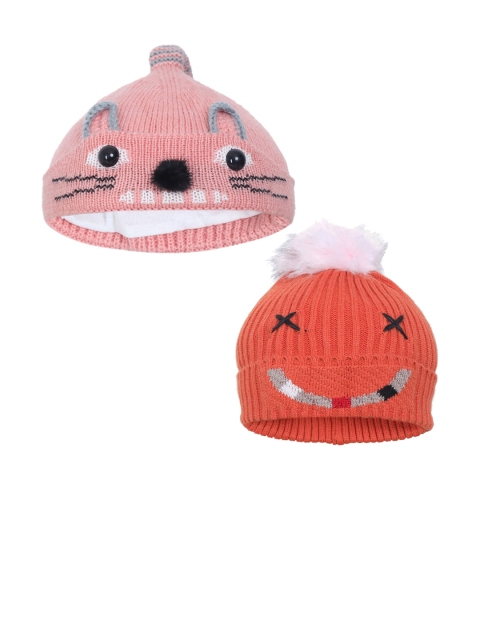 

FabSeasons Boys Pack Of 2 Orange & Peach-Coloured Self-Design Beanie Caps