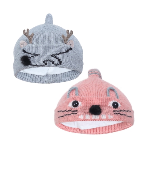 

FabSeasons Girls Peach & Grey Set of 2 Beanie