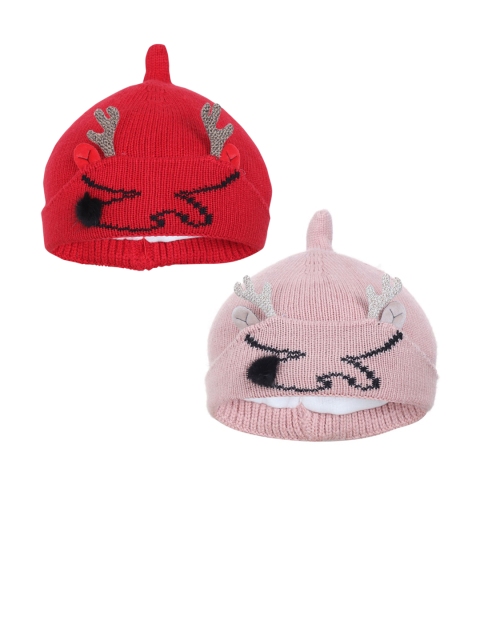 

FabSeasons Girls Pack Of 2 Red & Peach-Coloured Self-Design Beanie Caps