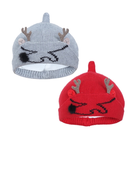 

FabSeasons Boys Pack of 2 Red & Grey Self Design Beanie