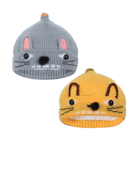

FabSeasons Boys Pack Of 2 Yellow & Grey Self-Design Beanie Caps