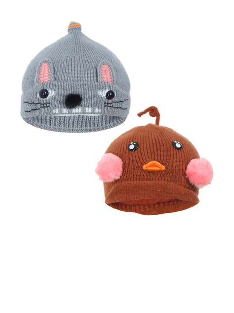

FabSeasons Boys Pack Of 2 Brown & Grey Self-Design Beanie Caps