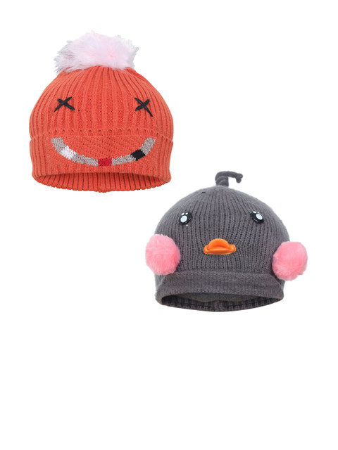 

FabSeasons Boys Pack Of 2 Orange & Grey Self-Design Beanie Caps