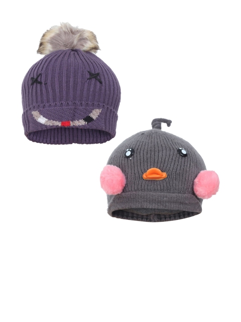 

FabSeasons Pack of 2 Purple & Grey Self Design Beanie