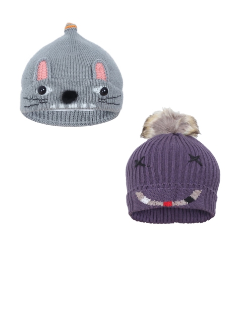 

FabSeasons Girls Pack Of 2 Purple & Grey Self-Design Beanie Caps