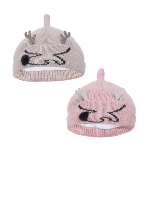 

FabSeasons Pack of 2 Peach & Beige Self Design Beanie