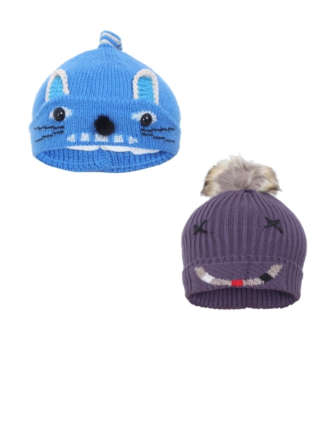 

FabSeasons Girls Pack Of 2 Purple & Blue Self-Design Beanie Caps