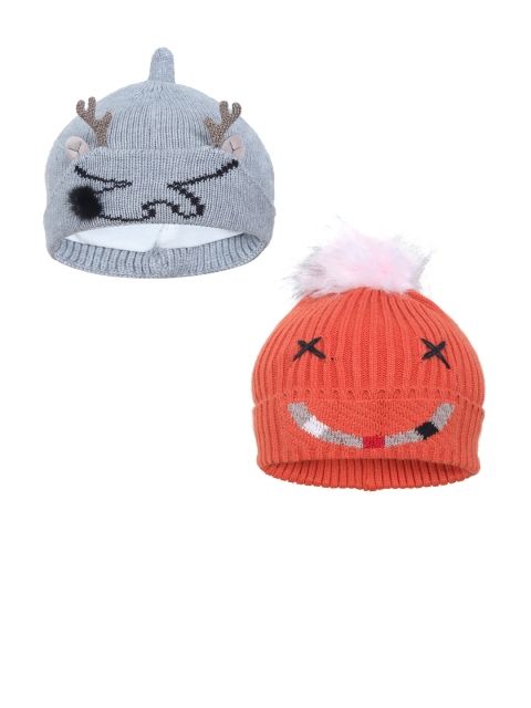 

FabSeasons Boys Orange & Grey Set of 2 Printed Beanie