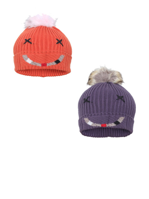 

FabSeasons Pack of 2 Purple & Orange Self-Design Beanie