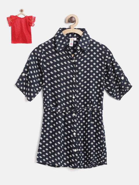 

Kids On Board Navy Blue & Off White Floral Shirt Dress
