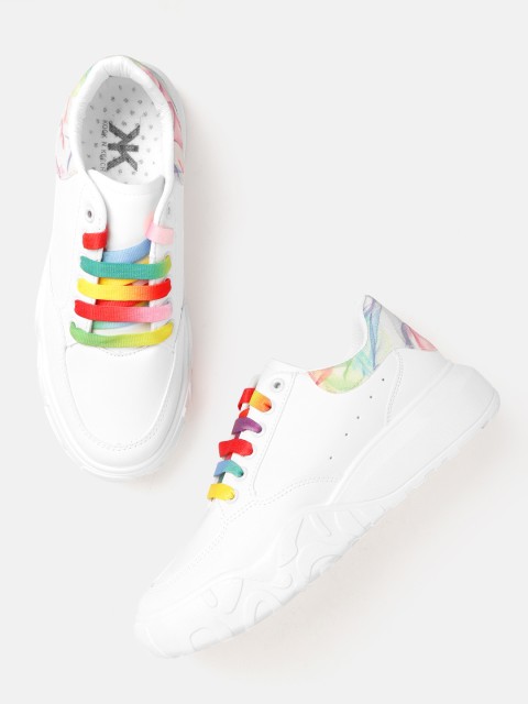 

Kook N Keech Women White Solid Colourful Lace Chunky Flatform Sneakers