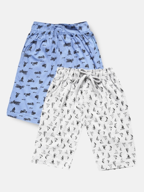 

Urban Dog Boys Grey Melange & Blue Set of 2 Conversational Printed Mid-Rise Regular Shorts