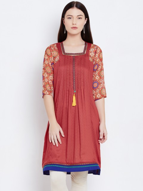 

Fusion Beats Rust Red Woven Design A-Line Kurta