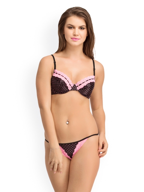 

Clovia Black & Pink Printed Lace Lingerie Set BP0669P13