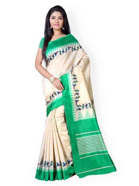 

Saree mall Cream-Coloured & Green Bhagalpuri Art Silk Printed Saree