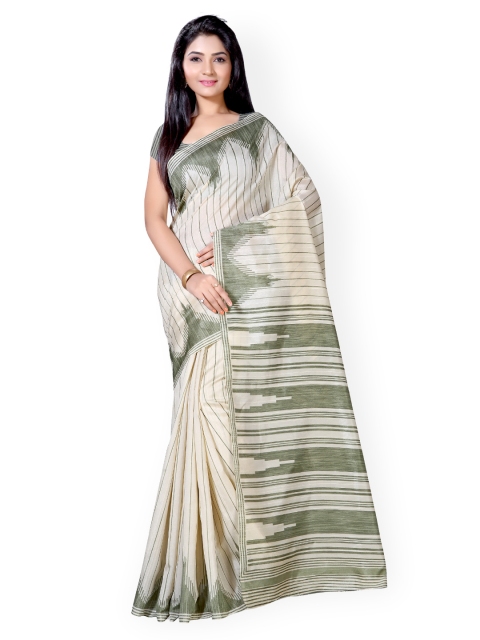 

Saree mall Cream-Coloured & Olive Green Striped Bhagalpuri Art Silk Printed Saree