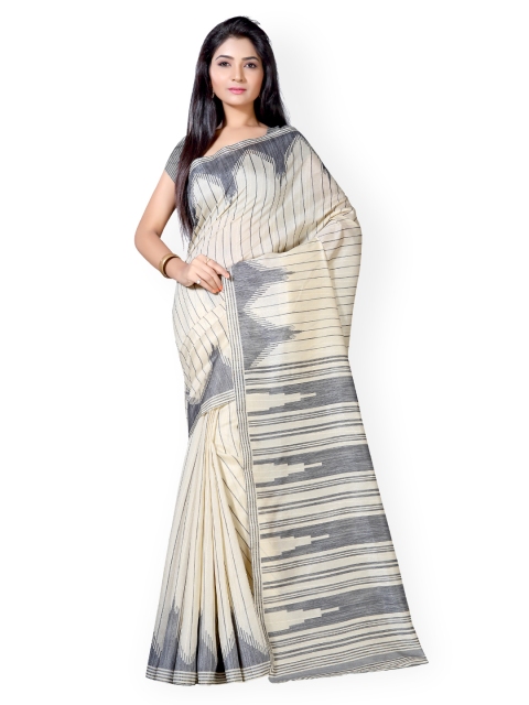 

Saree mall Cream-Coloured & Grey Striped Bhagalpuri Art Silk Printed Saree