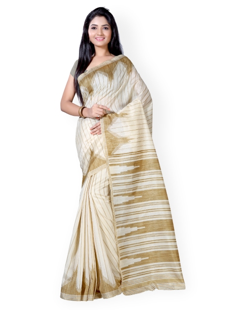 

Saree mall Cream-Coloured & Gold-Toned Striped Bhagalpuri Art Silk Printed Saree