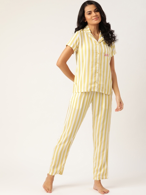 

MADAME M SECRET Women Mustard Yellow & Off White Striped Night suit