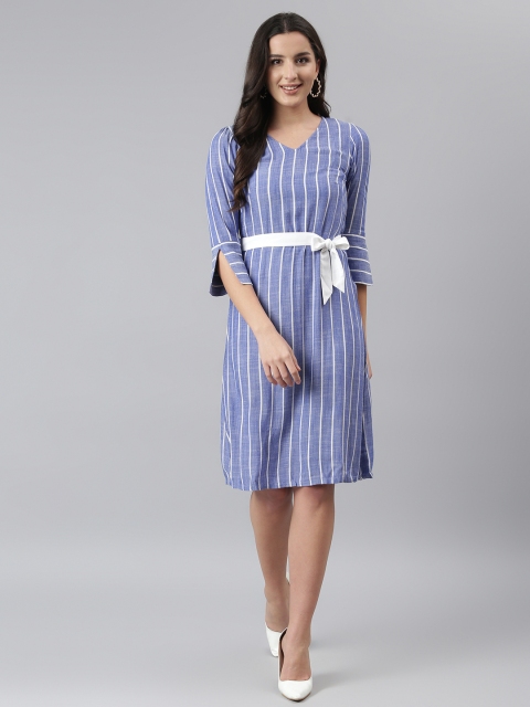 

DEEBACO Blue & White Striped & Belted A-Line Dress