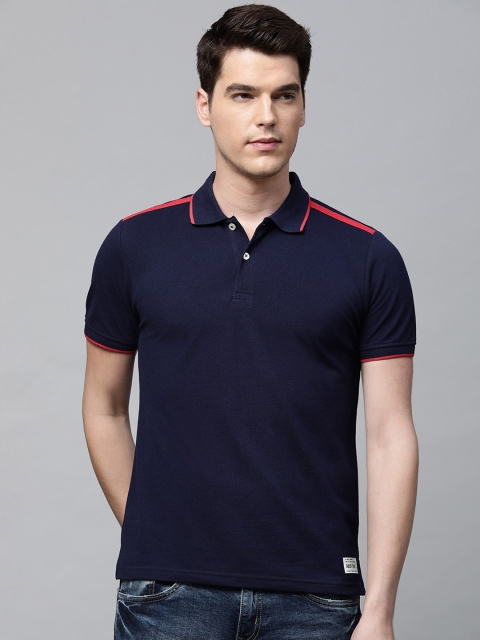 

abof Men Navy Blue Polo Collar T-shirt