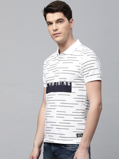 

abof Men White & Grey Striped Polo Collar T-shirt
