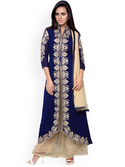 

Satrani Navy & Beige Embroidered Georgette Semi-Stitched Dress Material, Navy blue