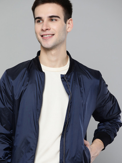

Mast & Harbour Men Navy Blue Solid Bomber Jacket
