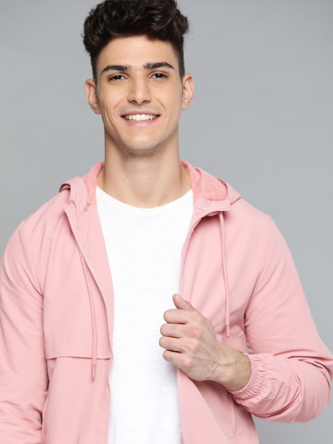 

Mast & Harbour Men Pink Solid Bomber Hooded Jacket