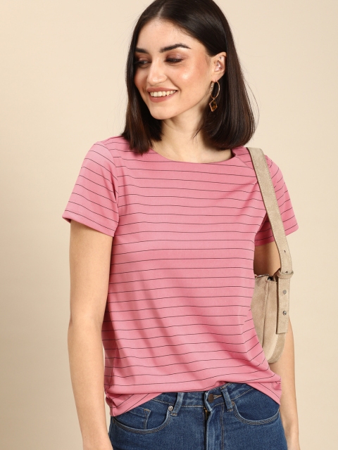 

all about you Pink & Black Striped Round Neck Blouson Top