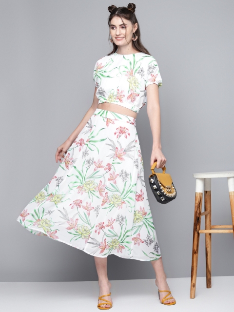 

SASSAFRAS Women White & Green Floral Printed Flared Midi Skirt
