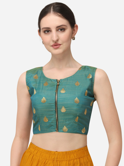 

Fab Dadu Women Green & Gold-Coloured Embroidered Jacquard Saree Blouse