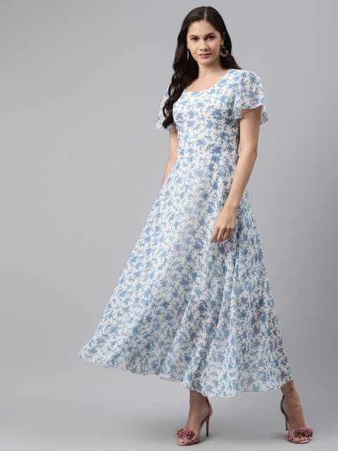 

I AM FOR YOU White & Blue Floral Printed Georgette Maxi Dress