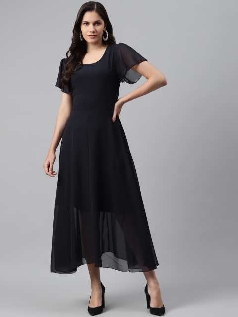 

I AM FOR YOU Navy Blue Solid Georgette Maxi Dress