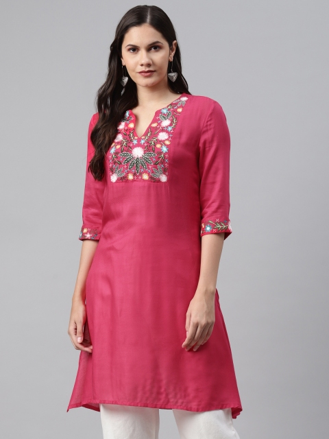 

I AM FOR YOU Women Pink & White Ethnic Motifs Yoke Design Thread Work Kurta