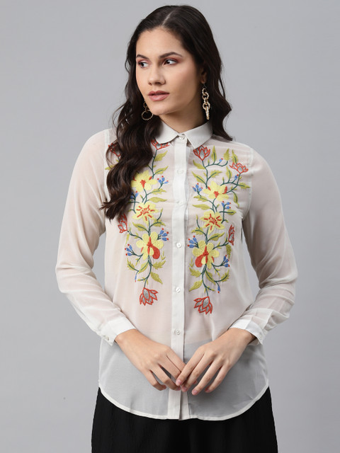 

I AM FOR YOU Women White & Yellow Floral Embroidered Casual Shirt