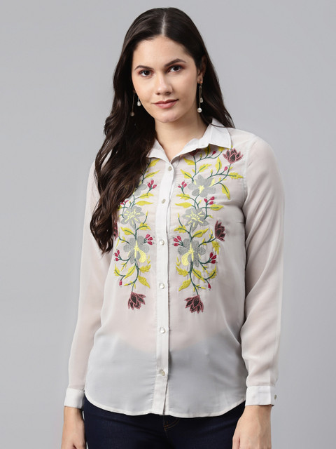 

I AM FOR YOU Women White & Yellow Floral Embroidered Casual Shirt