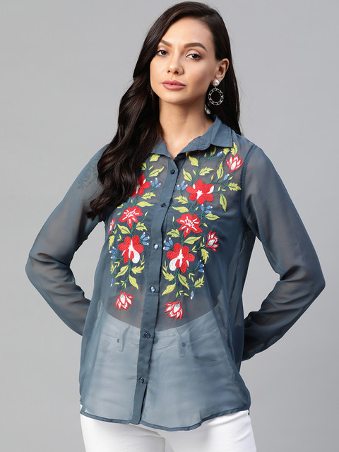 

I AM FOR YOU Women Grey Floral Embroidered Sheer Casual Shirt