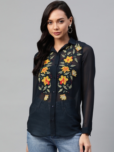 

I AM FOR YOU Women Navy Blue & Mustard Yellow Floral Embroidered Sheer Casual Shirt