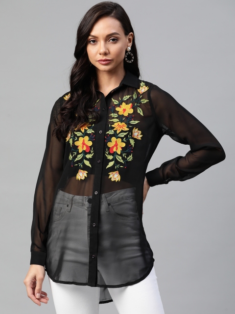 

I AM FOR YOU Women Black & Mustard Yellow Floral Embroidered Sheer Casual Shirt