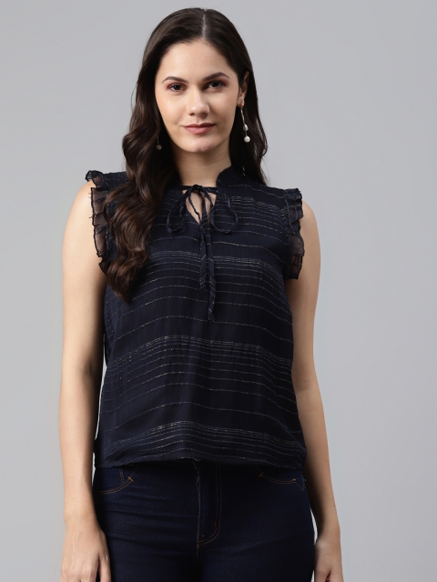 

I AM FOR YOU Navy Blue Striped Tie-Up Neck Indigo Regular Top
