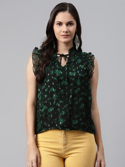 

I AM FOR YOU Green & Golden Floral Print Flutter Sleeves Ruffles Top
