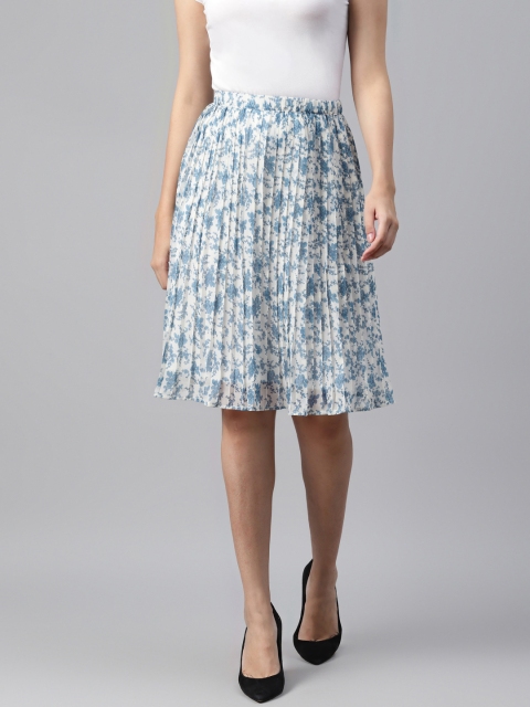 

I AM FOR YOU Women White & Blue Floral Print Accordion Pleated A-Line Skirt