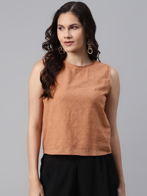 

I AM FOR YOU Beige Pure Cotton Embroidered Regular Top