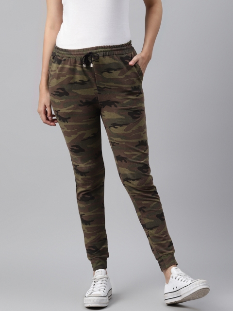 

I AM FOR YOU Women Olive Green & Black Pure Cotton Camouflage Printed Joggers