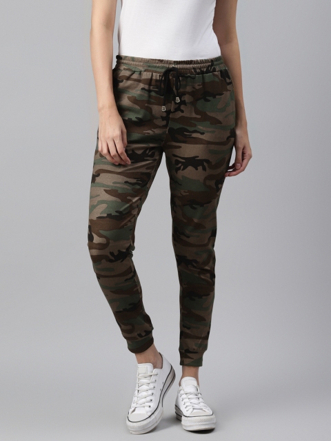 

I AM FOR YOU Women Olive Brown & Beige Pure Cotton Camouflage Printed Joggers