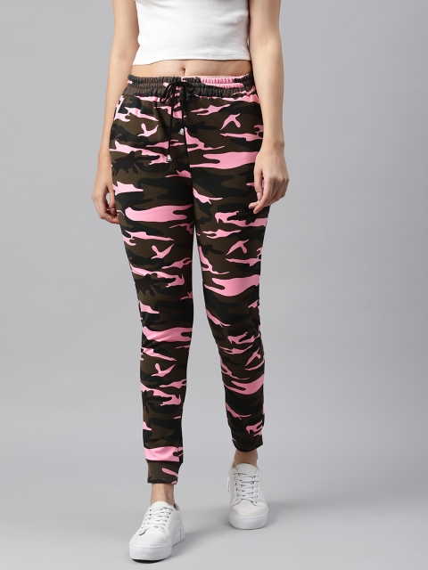 

I AM FOR YOU Women Pink & Black Easy Fit Camouflage Print Cotton Joggers