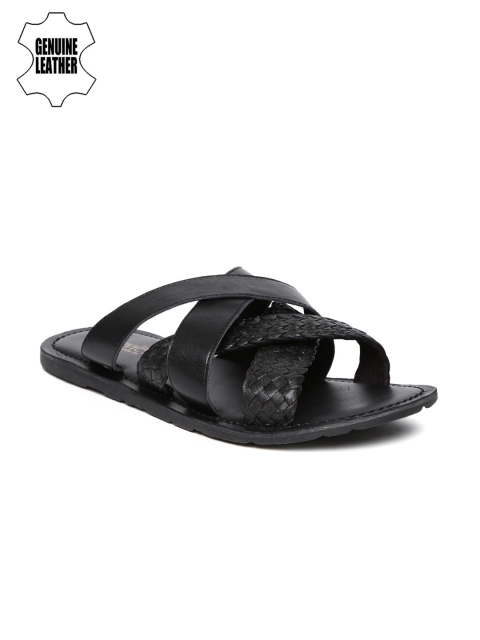 

INVICTUS Men Black Leather Sandals with Basketweave Detail