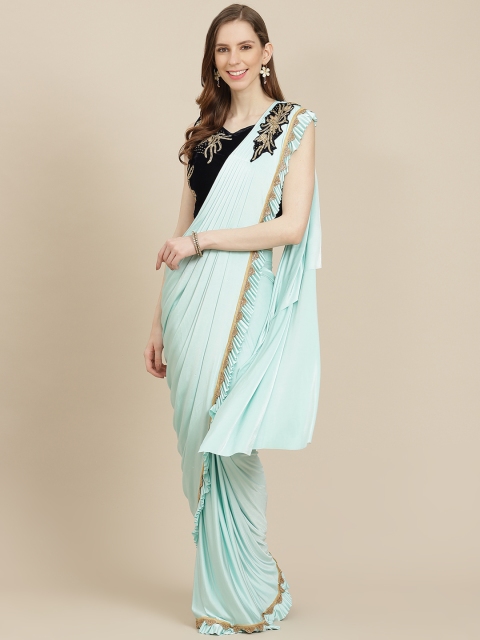 

Grancy Blue Solid Ruffled Ready To Wear Saree with Stitched Blouse