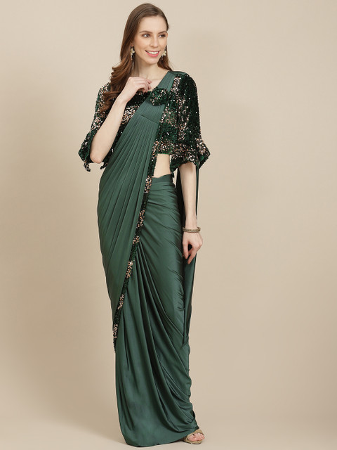 

Grancy Green Solid Ready To Wear Saree with Stitched Blouse